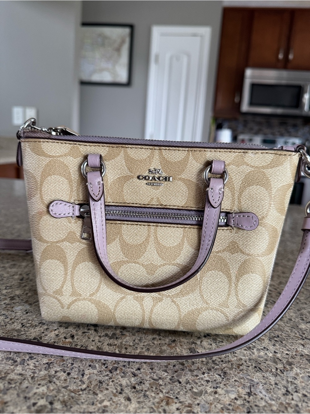 ❤️Very cute ❤️Coach Tan Signature Canvas Crossbody Satchel with Lilac Trim - Picture 3 of 17
